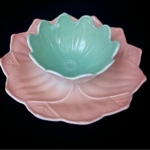 LOTUS LEAF BLOSSOM Desert / Snack Set Pink & Cream Green Bowl Anchor hocking